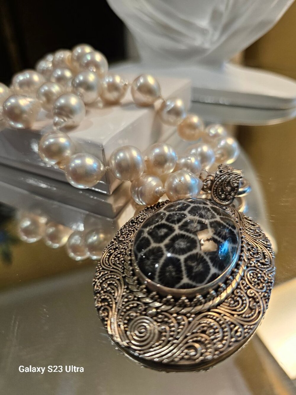 Black Indonesian Coral Pendant with  South Sea Pearl necklace, 22"